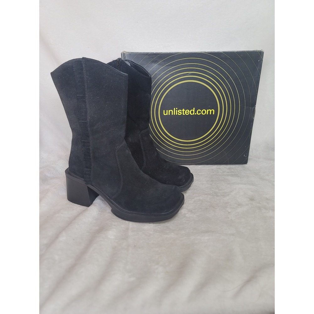 Vtg Unlisted Kenneth Cole Black Square Toe Boots 6.5 Western Biker Cowgirl Suede